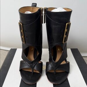 L.A.M.B. Black Heeled Boots with Gold Buckles